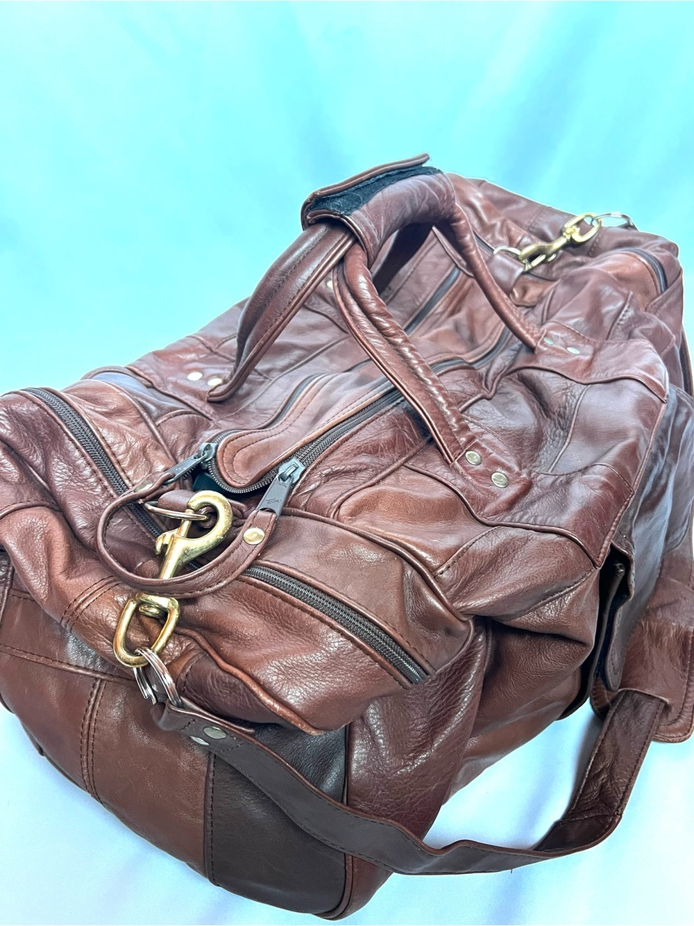 Vintage Carroll Leather Patchwork Duffle Bag Brown Top Grain Leather Weekender - Picture 3 of 13